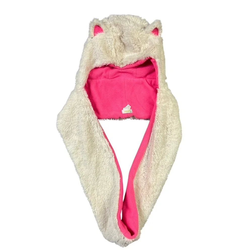 Capelli New York Kids Faux Fur Glitter Animal Ear Hooded Scarf White Pink Fleece